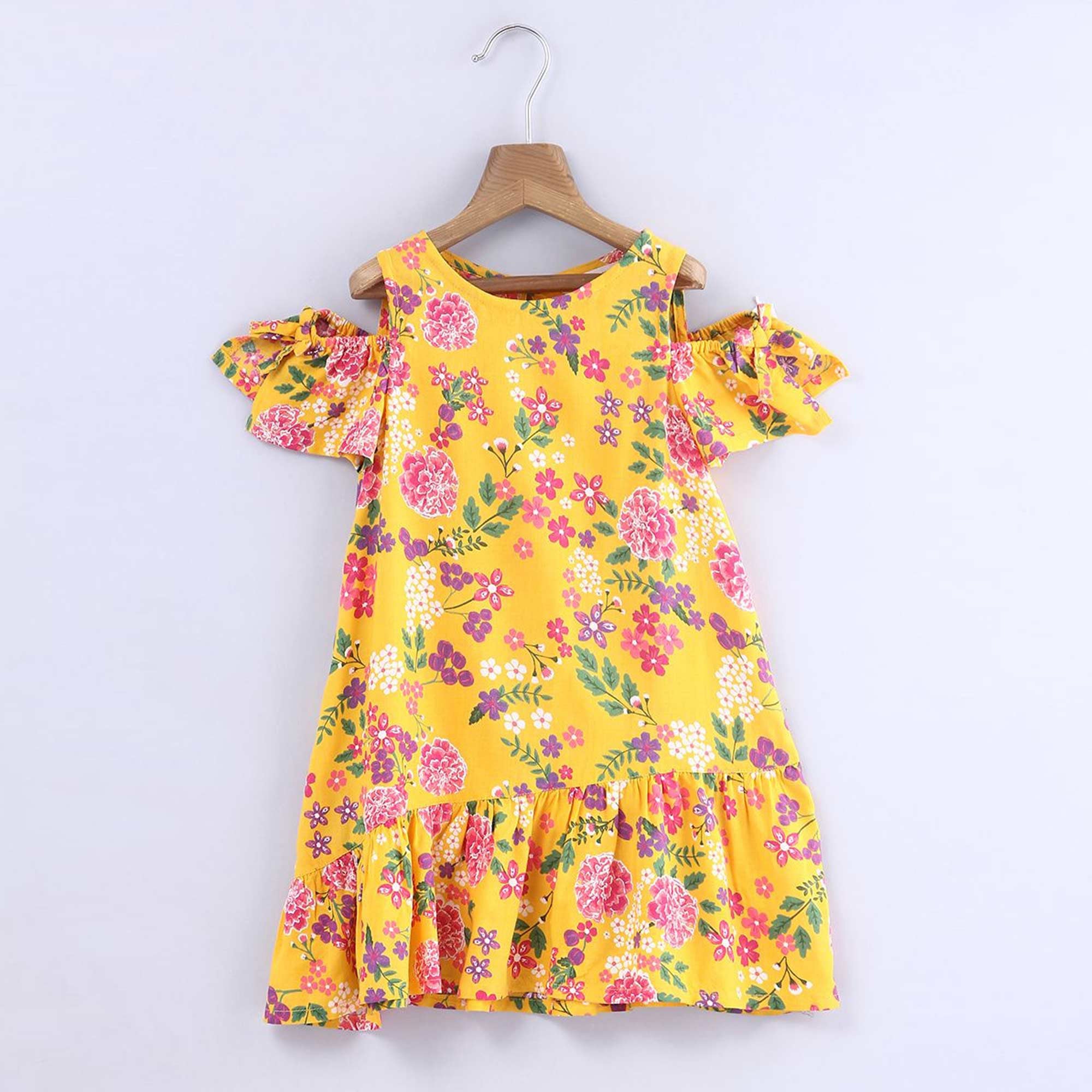 Yellow Floral Printed Rayon Dress