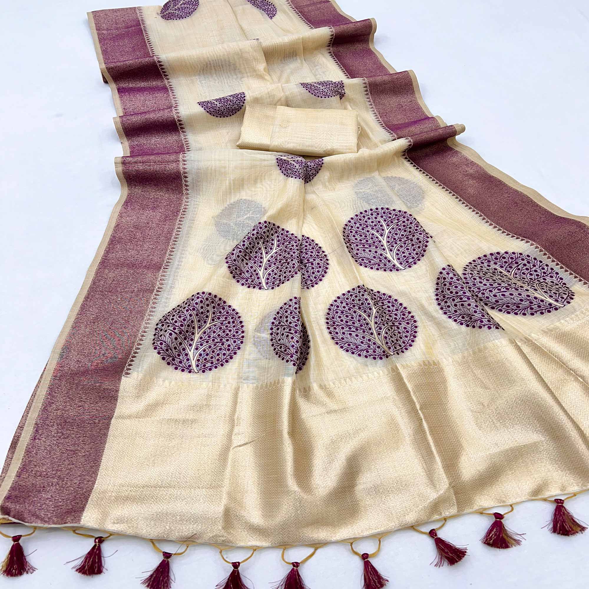 Beige & Purple Meenakari Crafted Soft Muga Cotton Saree Designed for Elegant Festive Styling
