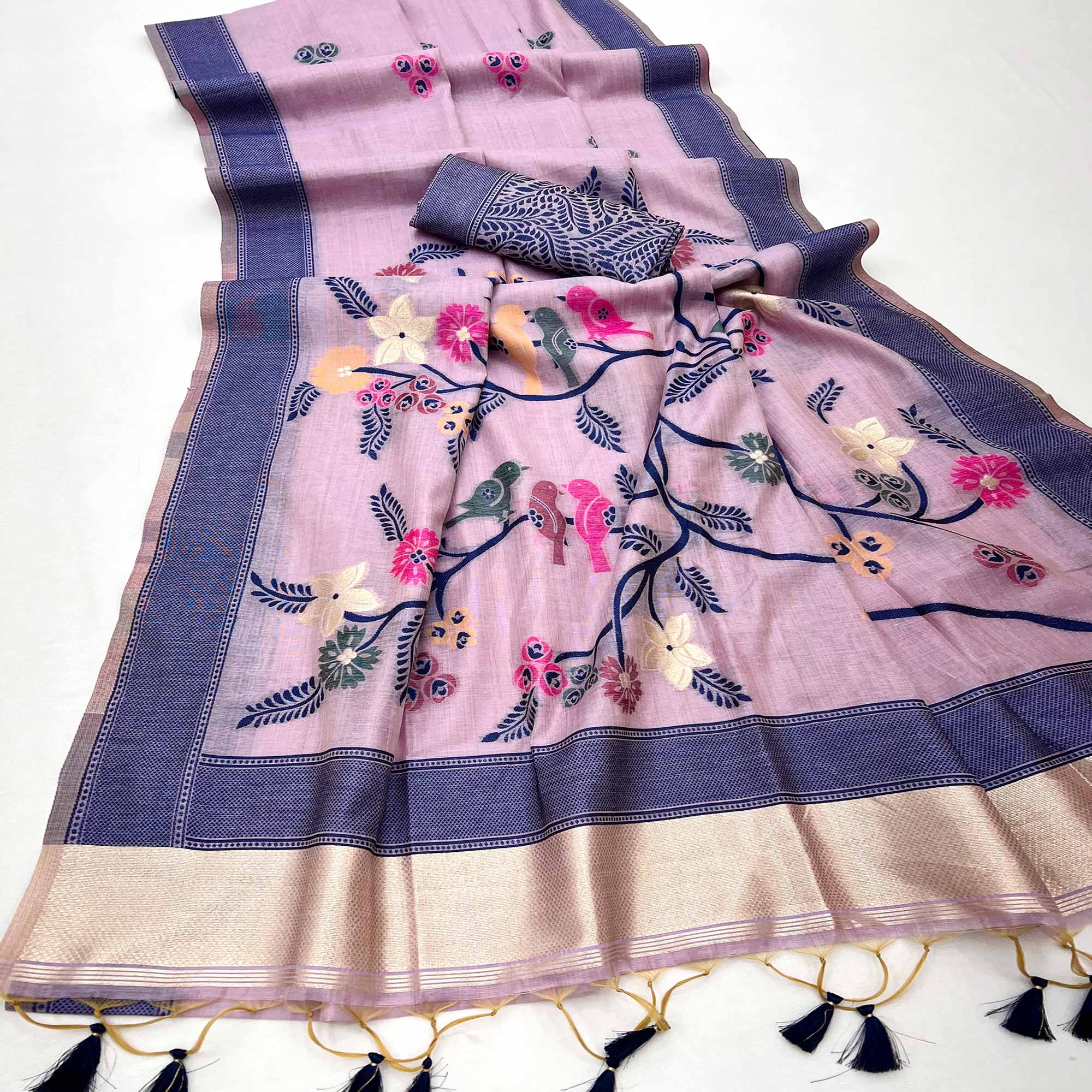 Lavender Meenakari Weaving Soft Muga Cotton Saree Designed for a Graceful Ethnic Appeal