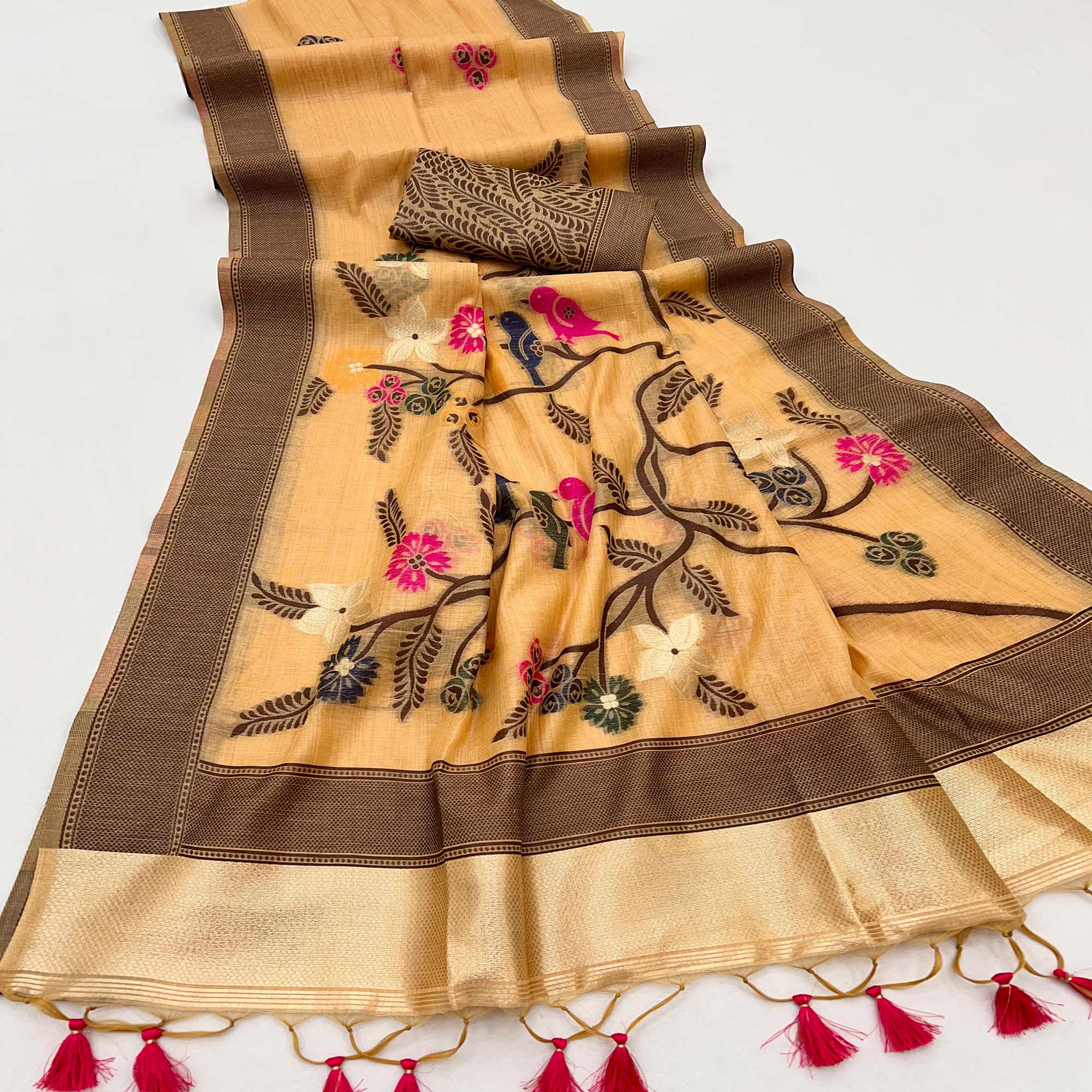 Mustard Meenakari Weaving Soft Muga Cotton Saree Designed for a Graceful Ethnic Appeal