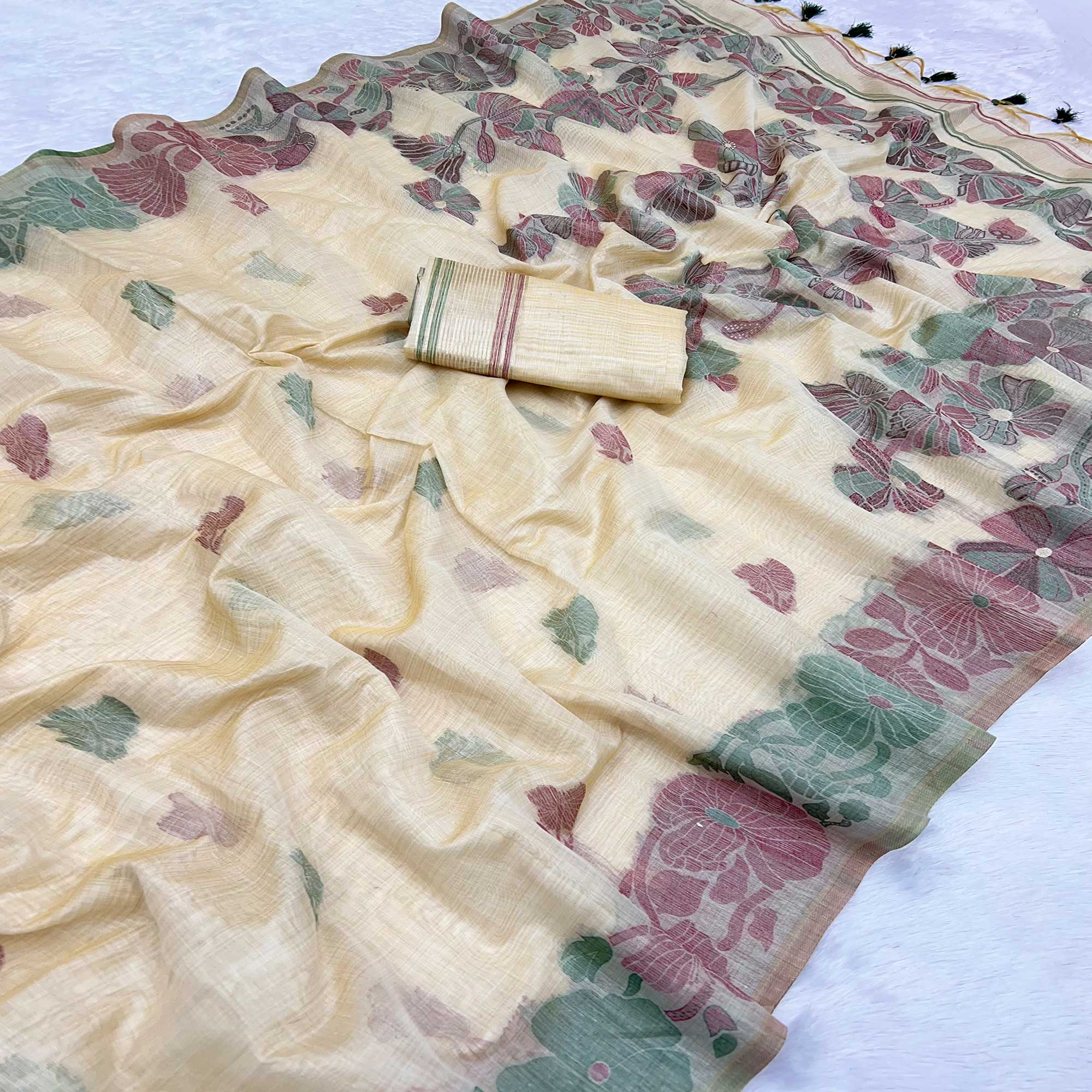 Beige Handwoven Soft Muga Cotton Saree Decorated with Fine Meenakari Weaving Patterns