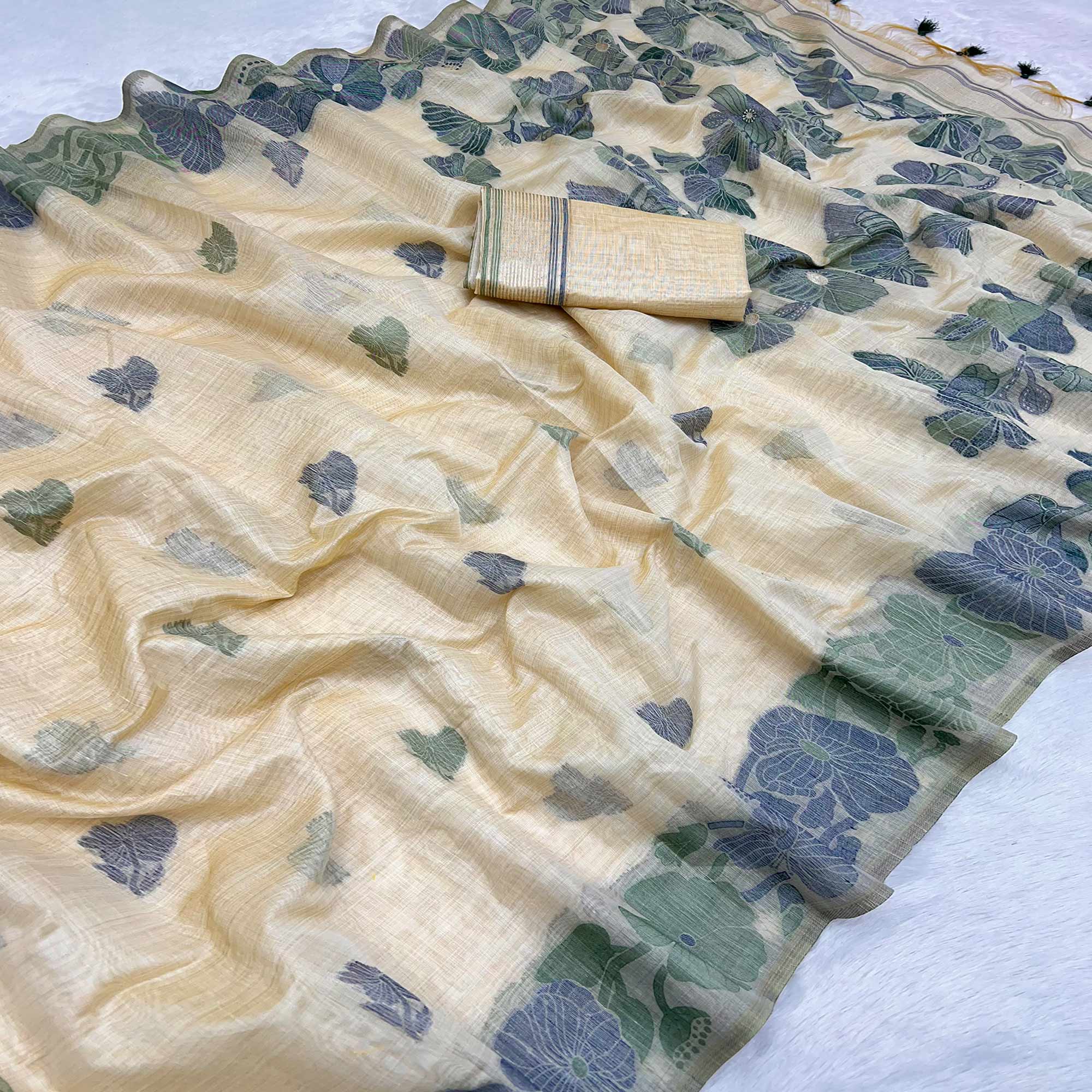 Beige Handwoven Muga Cotton Saree Decorated with Fine Meenakari Weaving Patterns