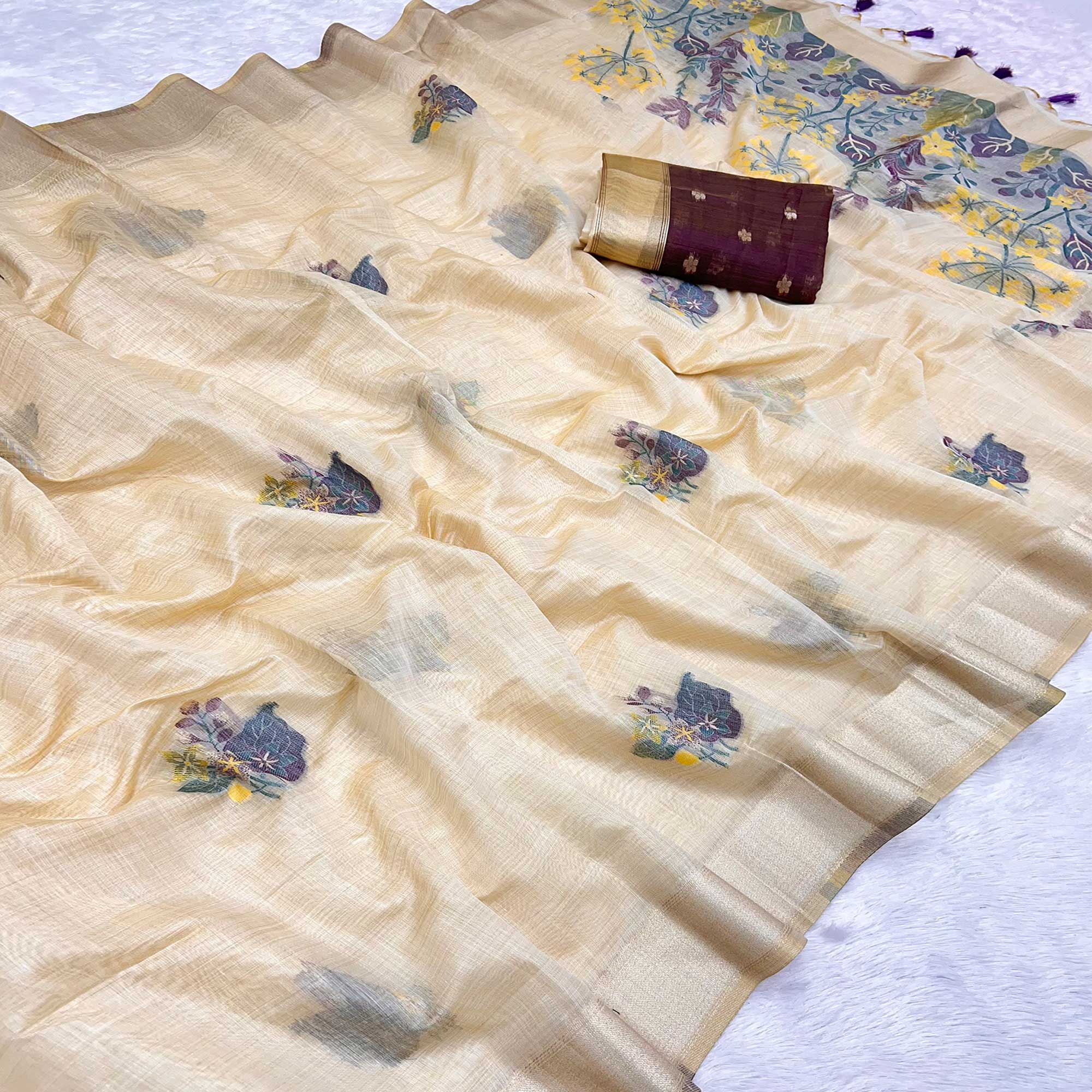 Beige Traditional Soft Muga Cotton Saree Elevated with Meenakari Weaving Detailing