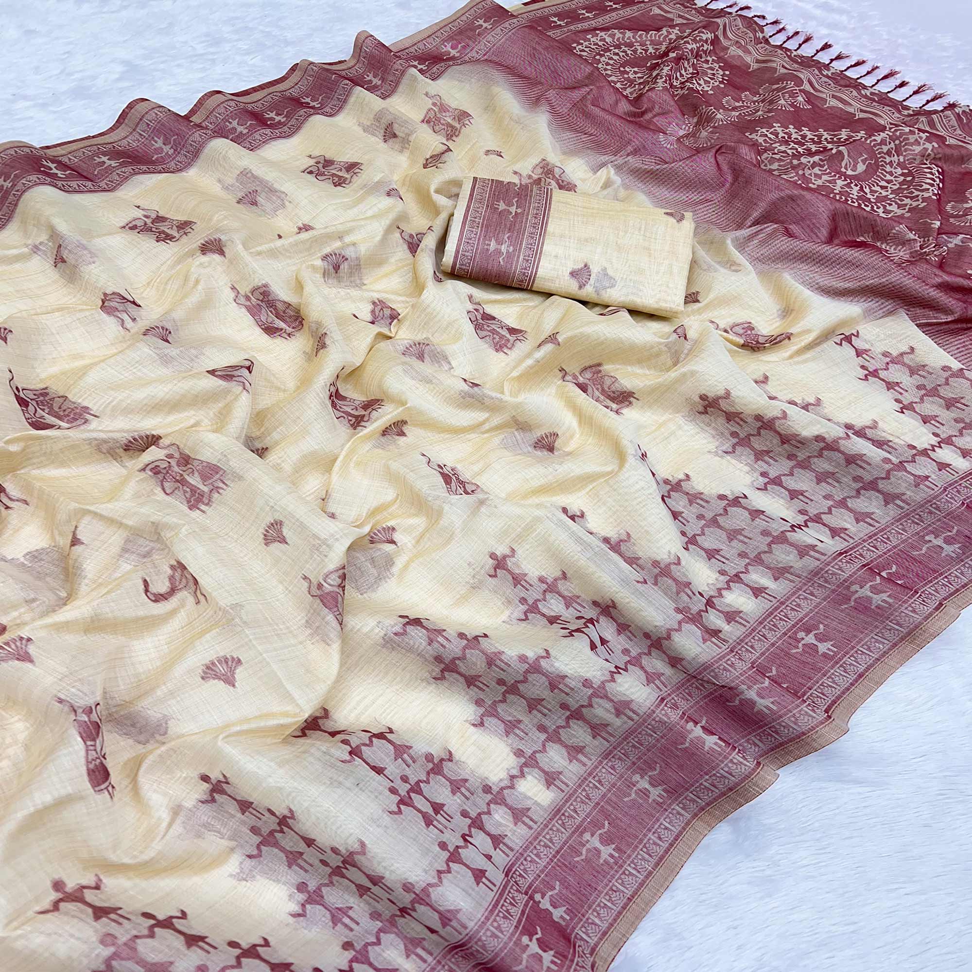 Beige & Wine Meenakari Crafted Soft Muga Cotton Saree Designed for Elegant Festive Styling