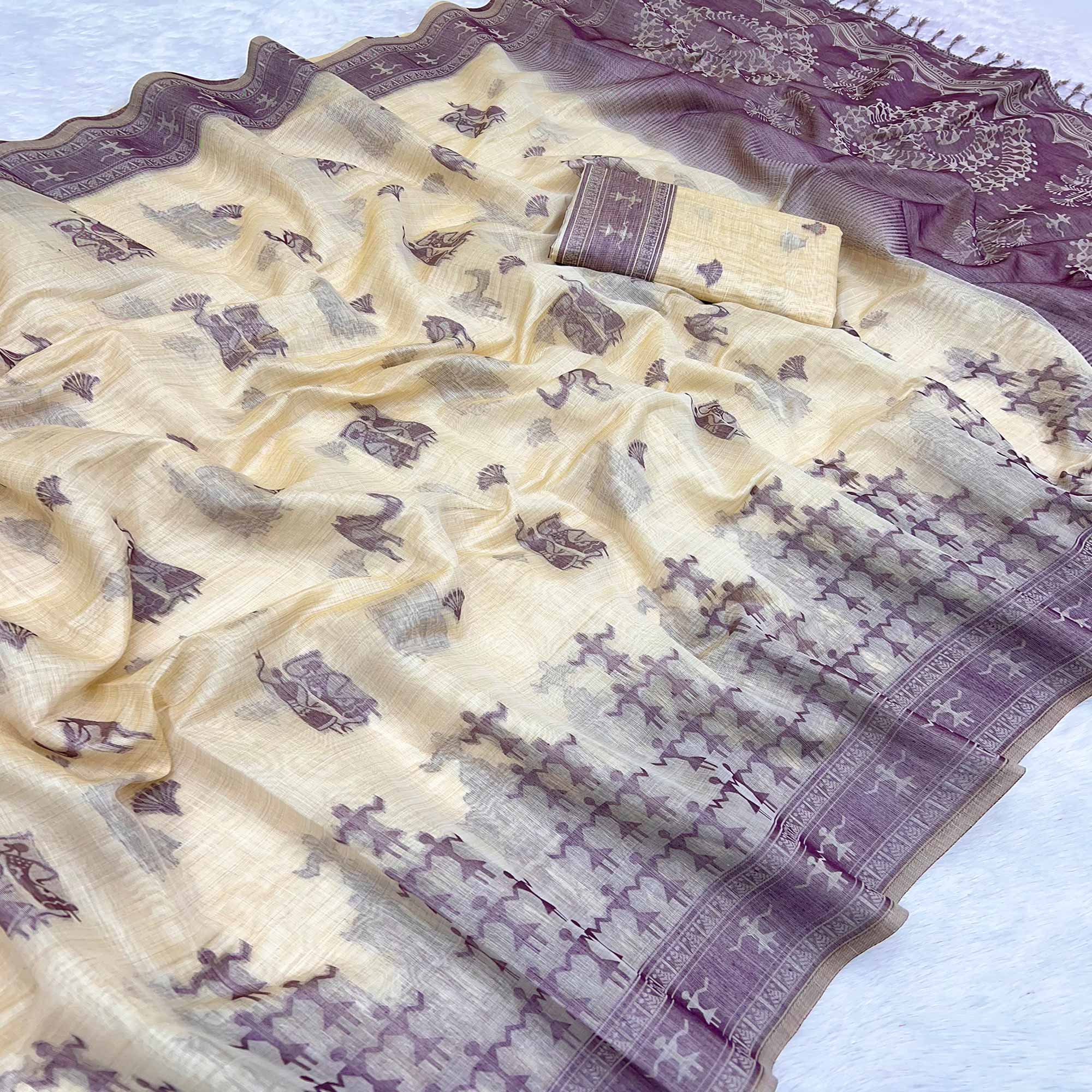Beige & Purple Meenakari Crafted Soft Muga Cotton Saree Designed for Elegant Festive Style