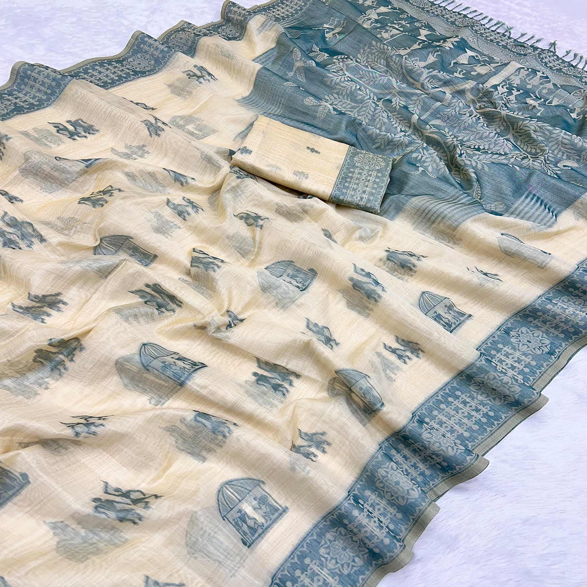 Beige Meenakari Weaving Soft Muga Cotton Saree Designed for Elegant Traditional Wear