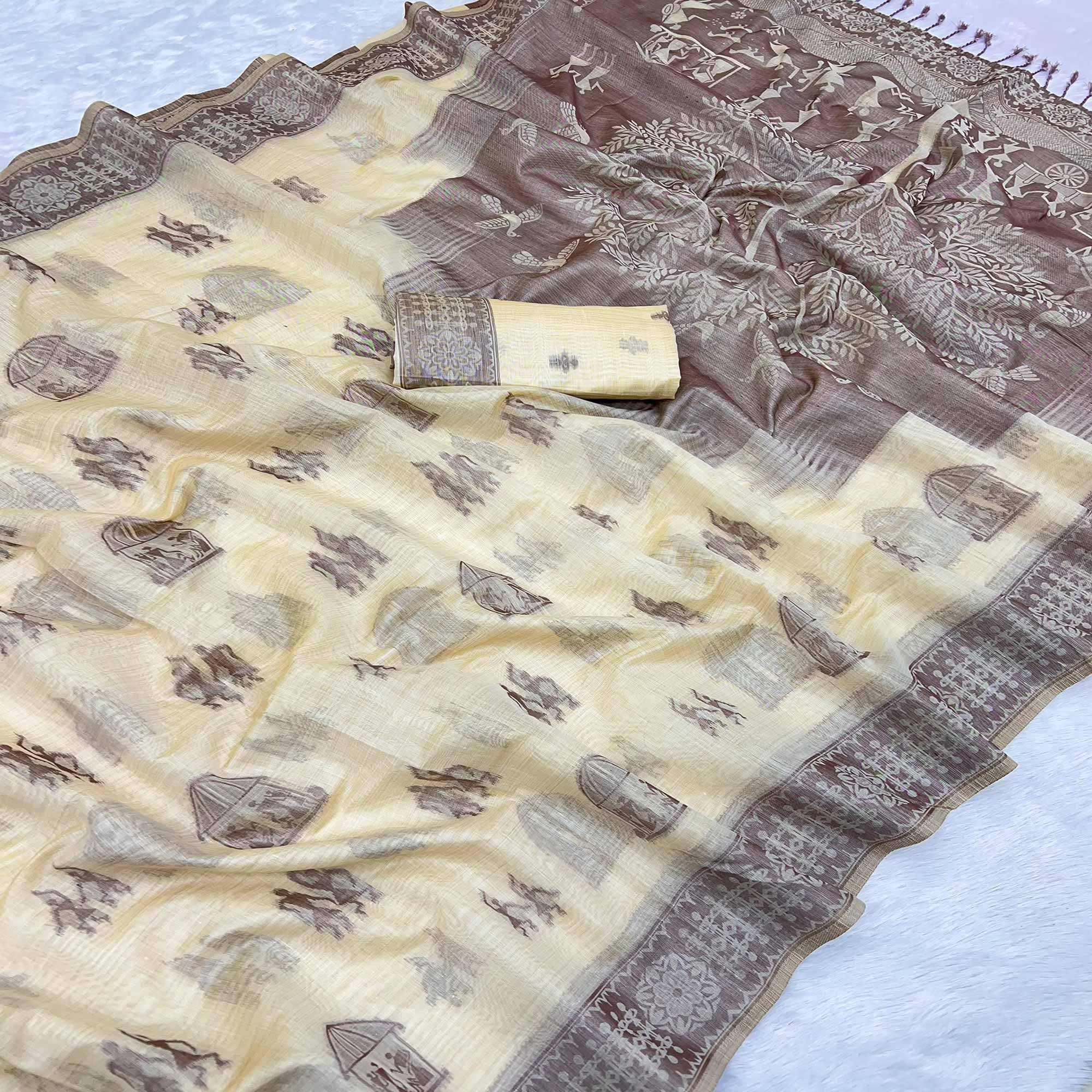 Beige Meenakari Weaving Soft Muga Cotton Saree Designed for Elegant Festive Wear