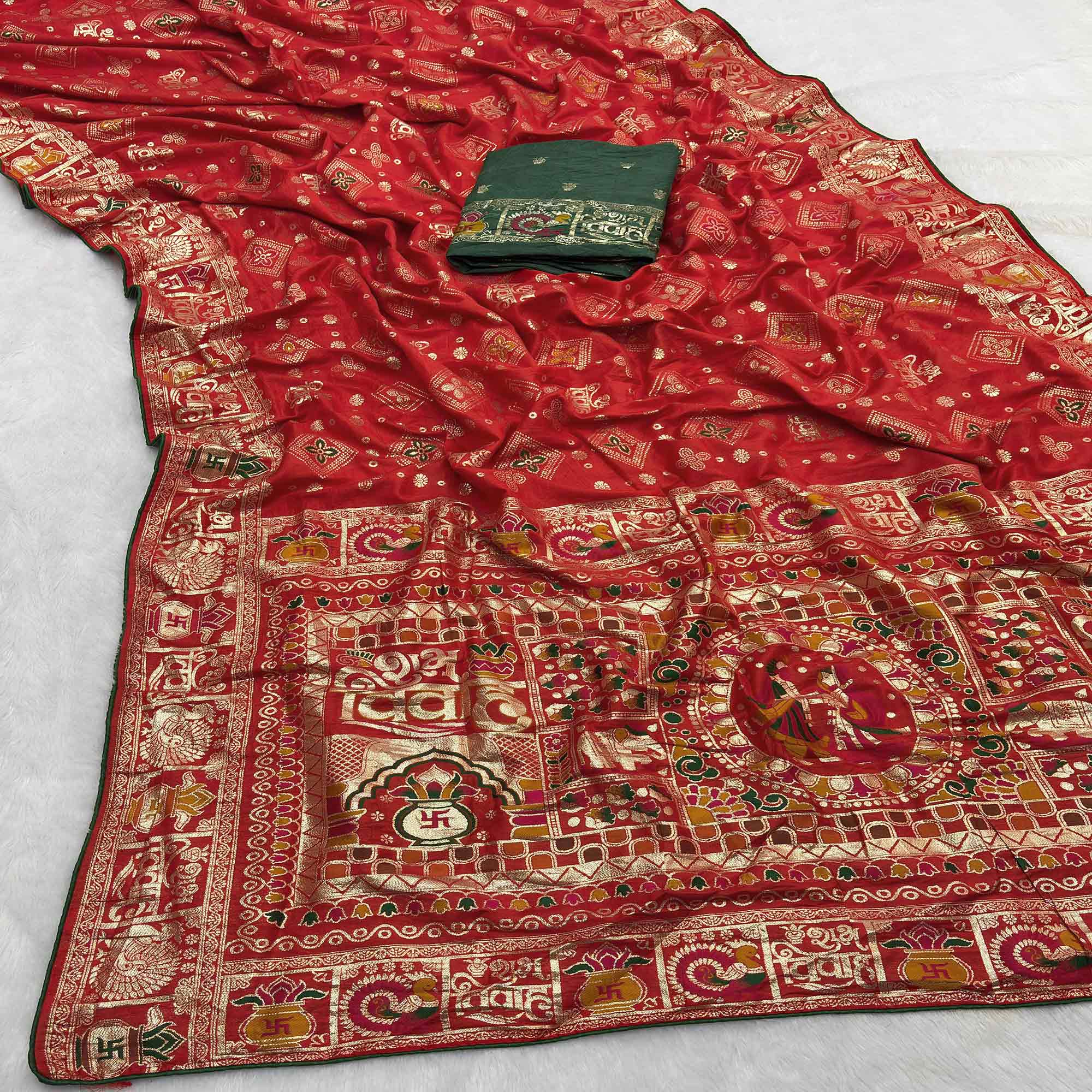 Red Artistic Meenakari Zari Woven Muslin Soft Saree with Smooth Fall