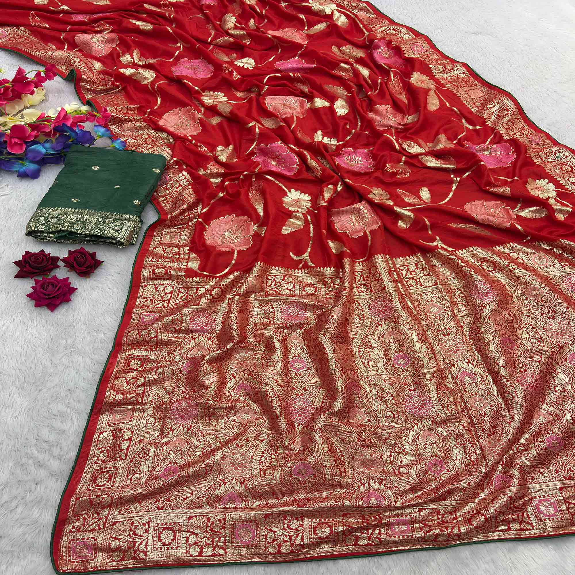Red Graceful Soft Muslin Saree Highlighted with Premium Meenakari Zari Work
