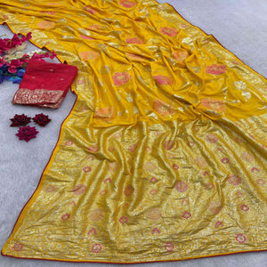 Yellow Graceful Soft Muslin Saree Highlighted with Premium Meenakari Zari Work