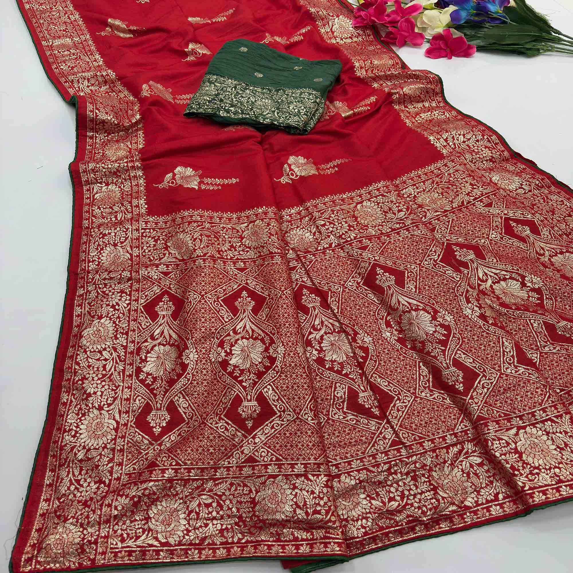 Red Traditional Muslin Soft Saree Featuring Luxurious Meenakari Zari Patterns
