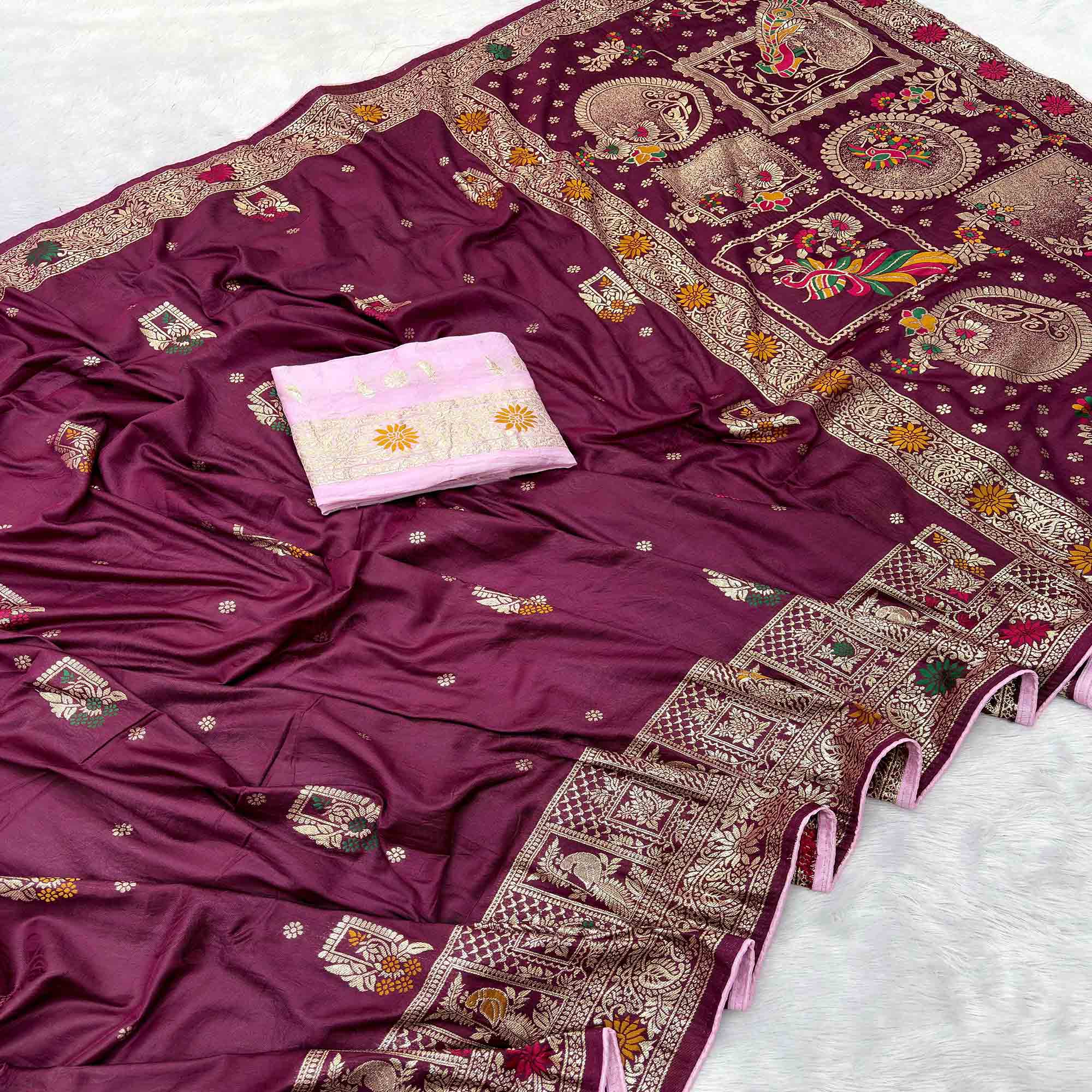 Purple Lightweight Muslin Soft Saree Beautified with Classic Meenakari Zari Weaves