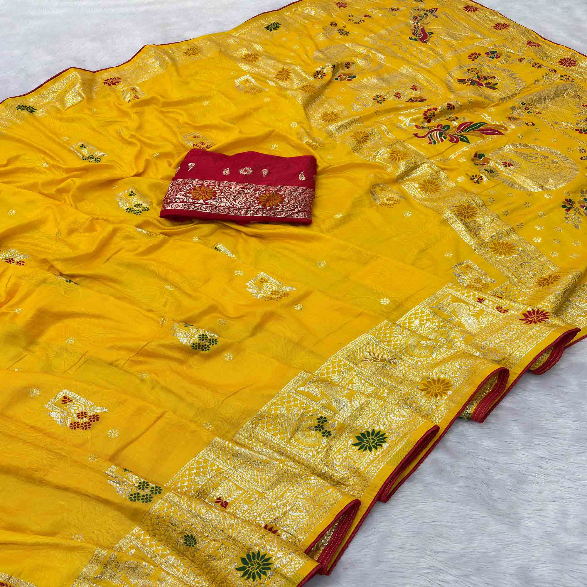 Yellow Lightweight Muslin Soft Saree Beautified with Classic Meenakari Zari Weaves