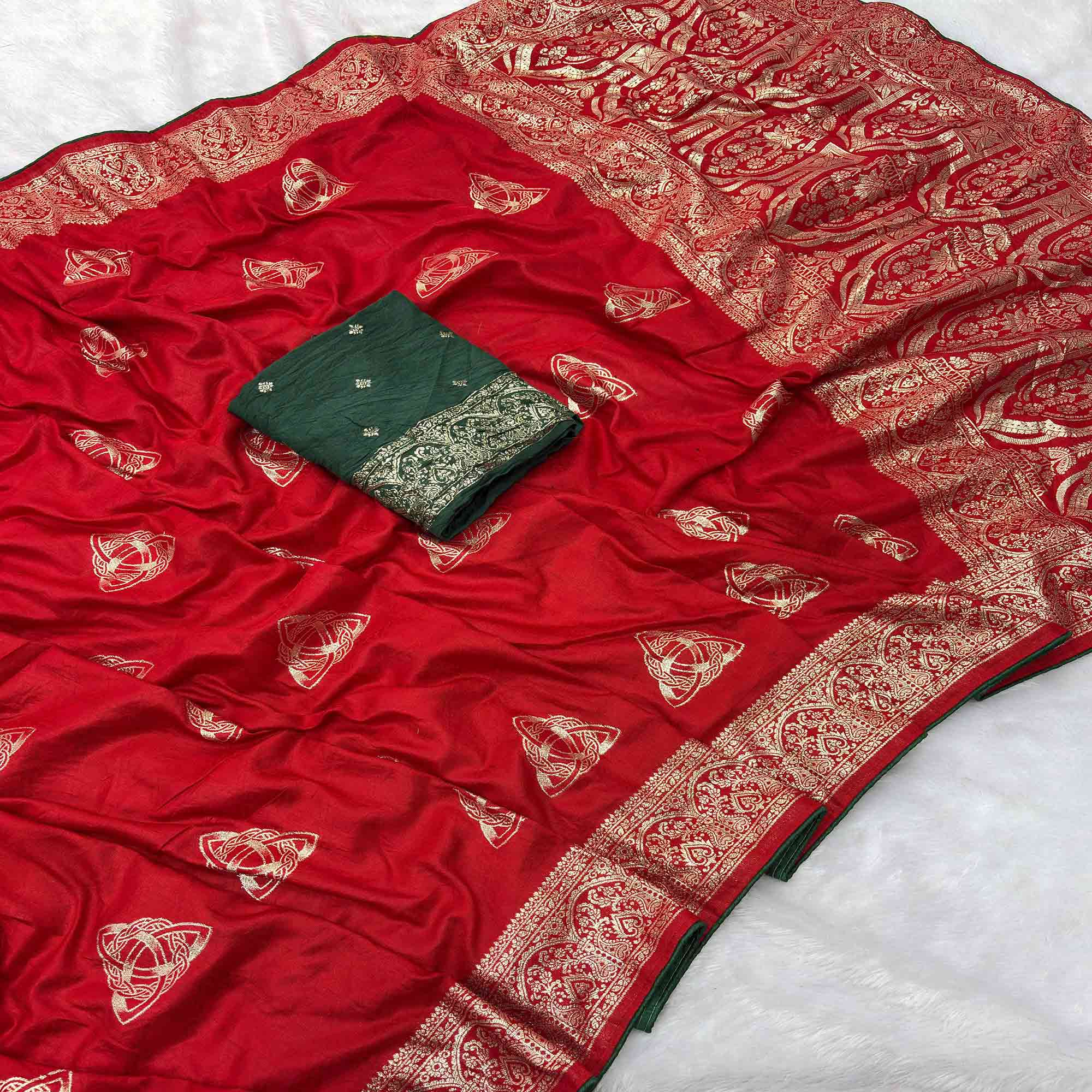 Red Festive Wear Muslin Soft Saree Enriched with Intricate Meenakari Zari Designs