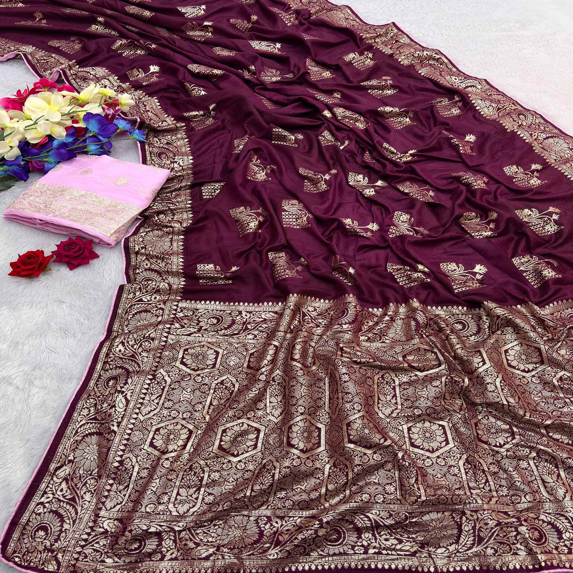 Purple Elegant Soft Muslin Saree with Fine Meenakari Zari Woven Motifs