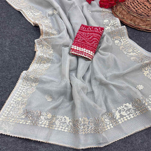 Grey Pure Kota Doria Saree Adorned with Exquisite Gota Work Embroidery