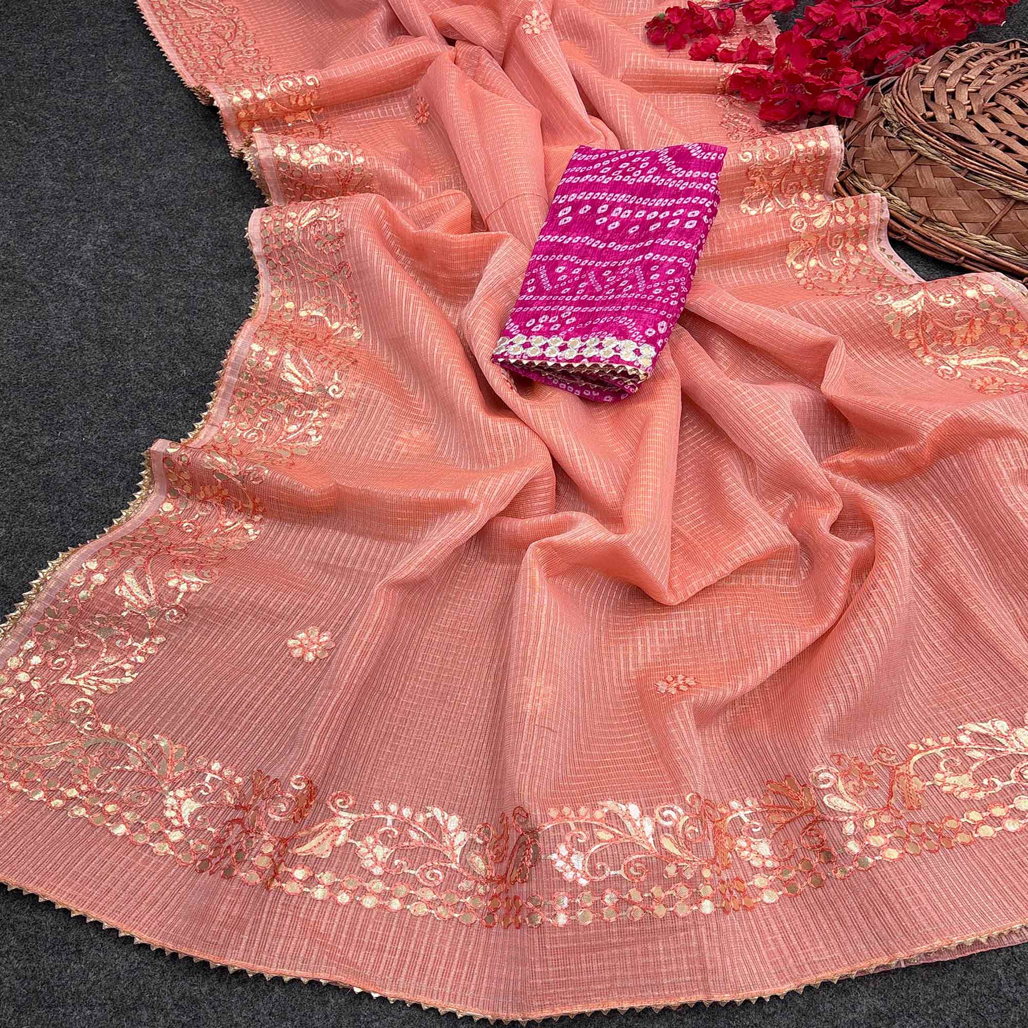 Peach Pure Kota Doria Saree Adorned with Exquisite Gota Work Embroidery