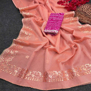 Peach Pure Kota Doria Saree Adorned with Exquisite Gota Work Embroidery