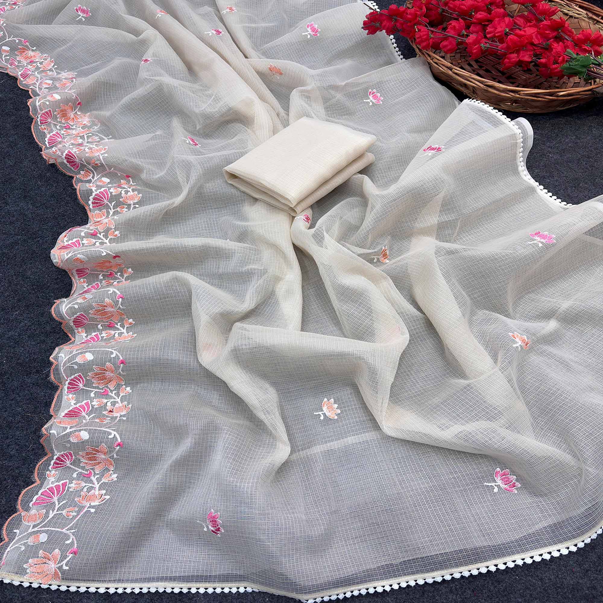 Cream Handwoven Kota Doria Saree Featuring Rich Gota Work for a Festive Look
