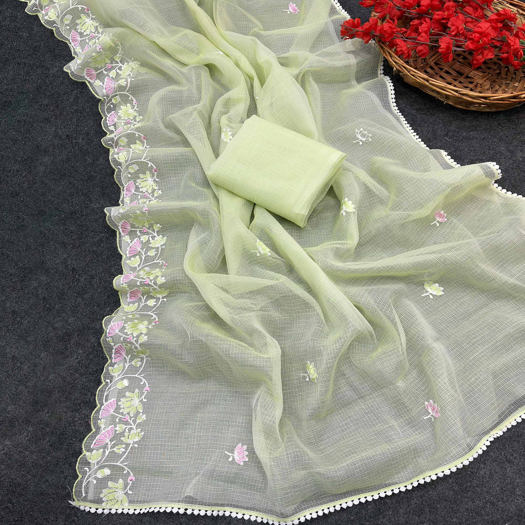 Green Handwoven Kota Doria Saree Featuring Rich Gota Work for a Festive Look