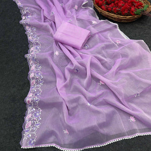 Light Purple Handwoven Kota Doria Saree Featuring Rich Gota Work for a Festive Look