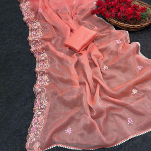 Peach Handwoven Kota Doria Saree Featuring Rich Gota Work for a Festive Look