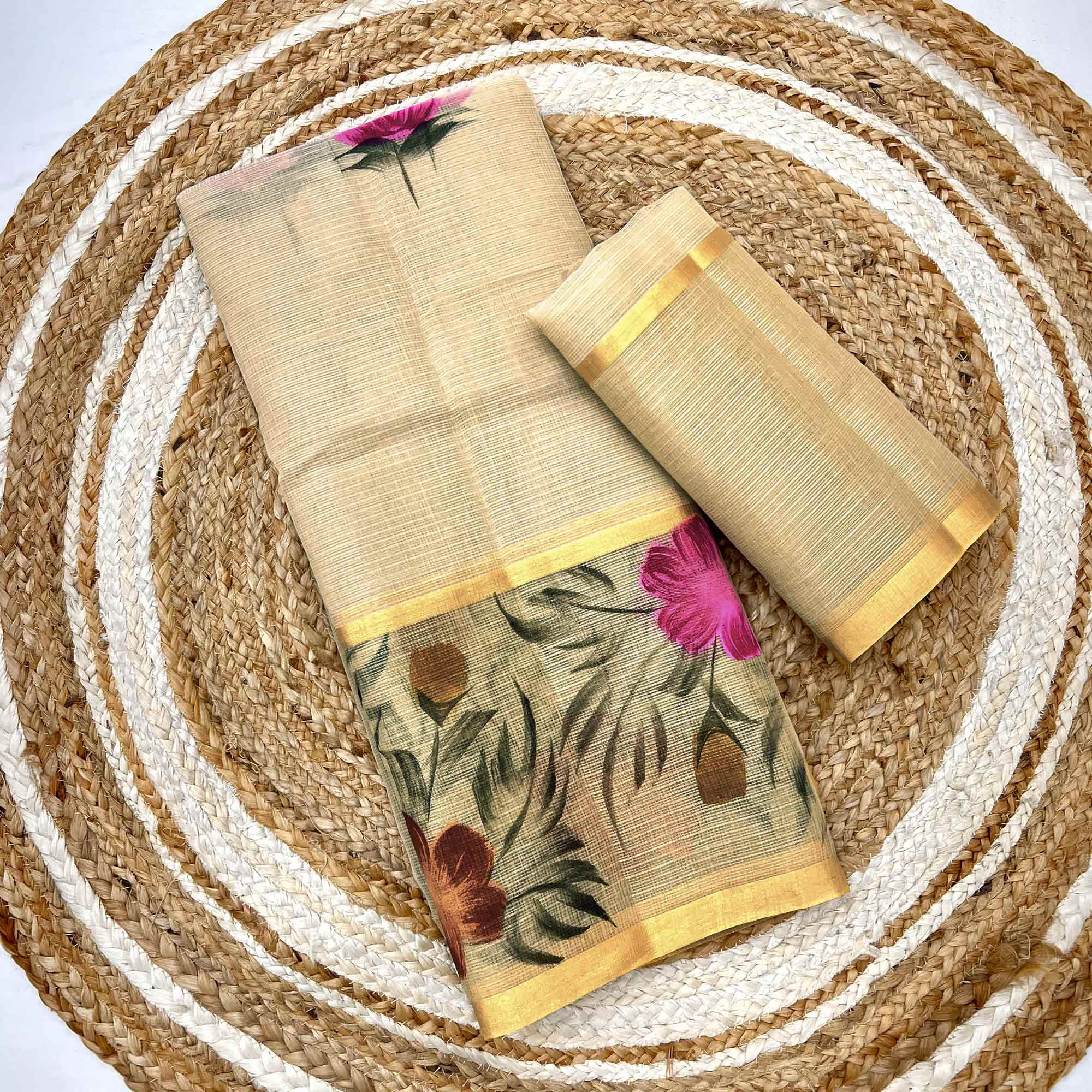 Beige Floral Brush-Painted Kota Doria Saree with Elegant Artistic Detailing