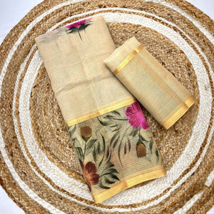 Beige Floral Brush-Painted Kota Doria Saree with Elegant Artistic Detailing
