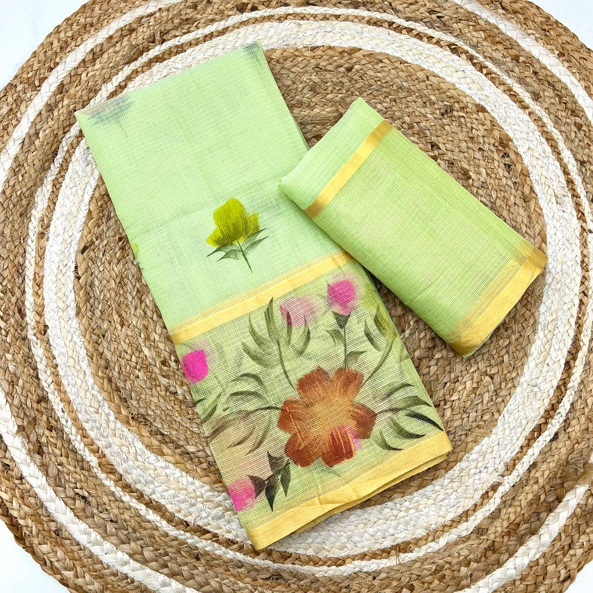 Green Floral Brush-Painted Kota Doria Saree with Elegant Artistic Detailing