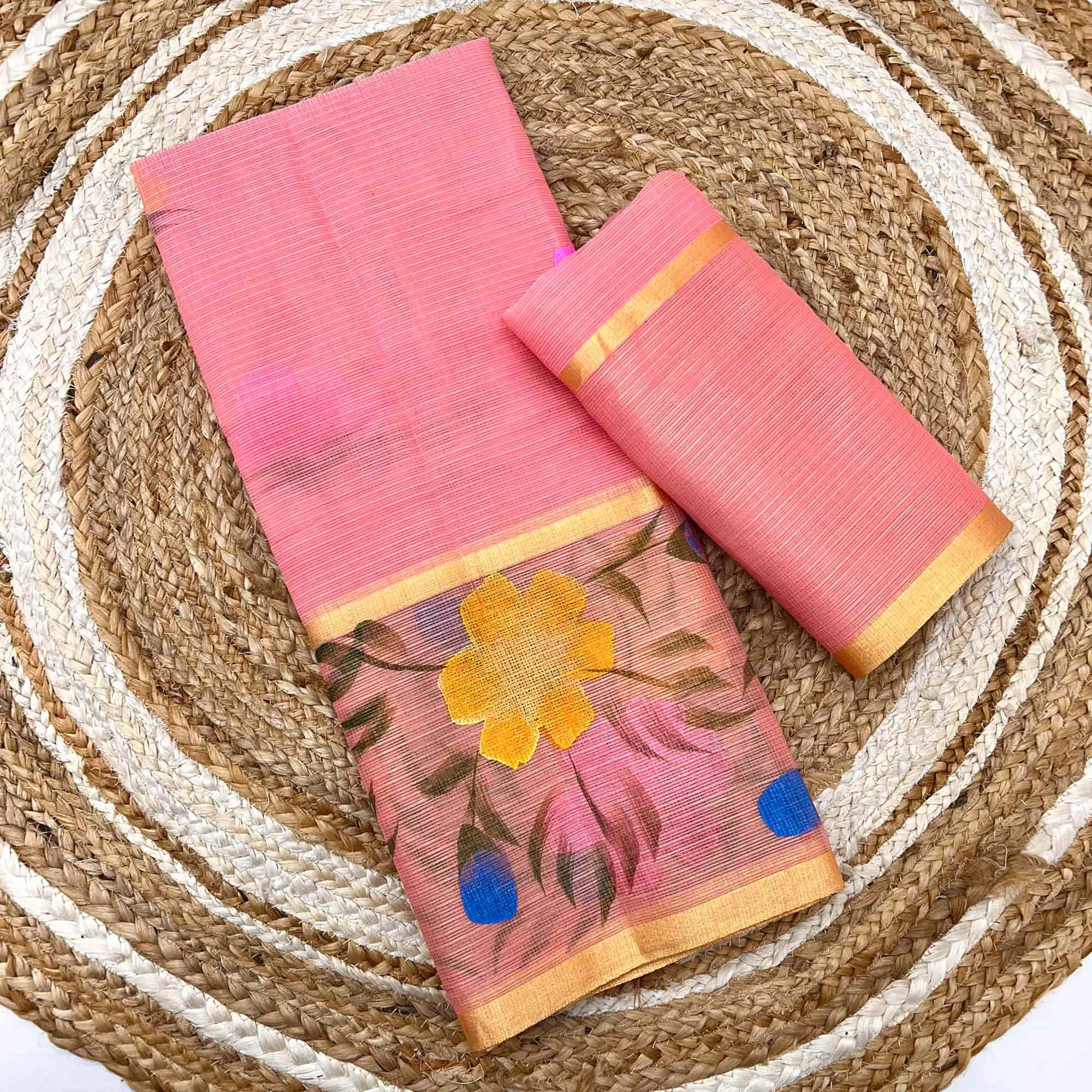 Peach Floral Brush-Painted Kota Doria Saree with Elegant Artistic Detailing