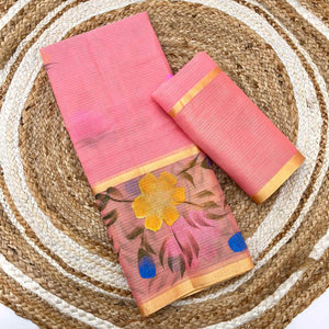 Peach Floral Brush-Painted Kota Doria Saree with Elegant Artistic Detailing
