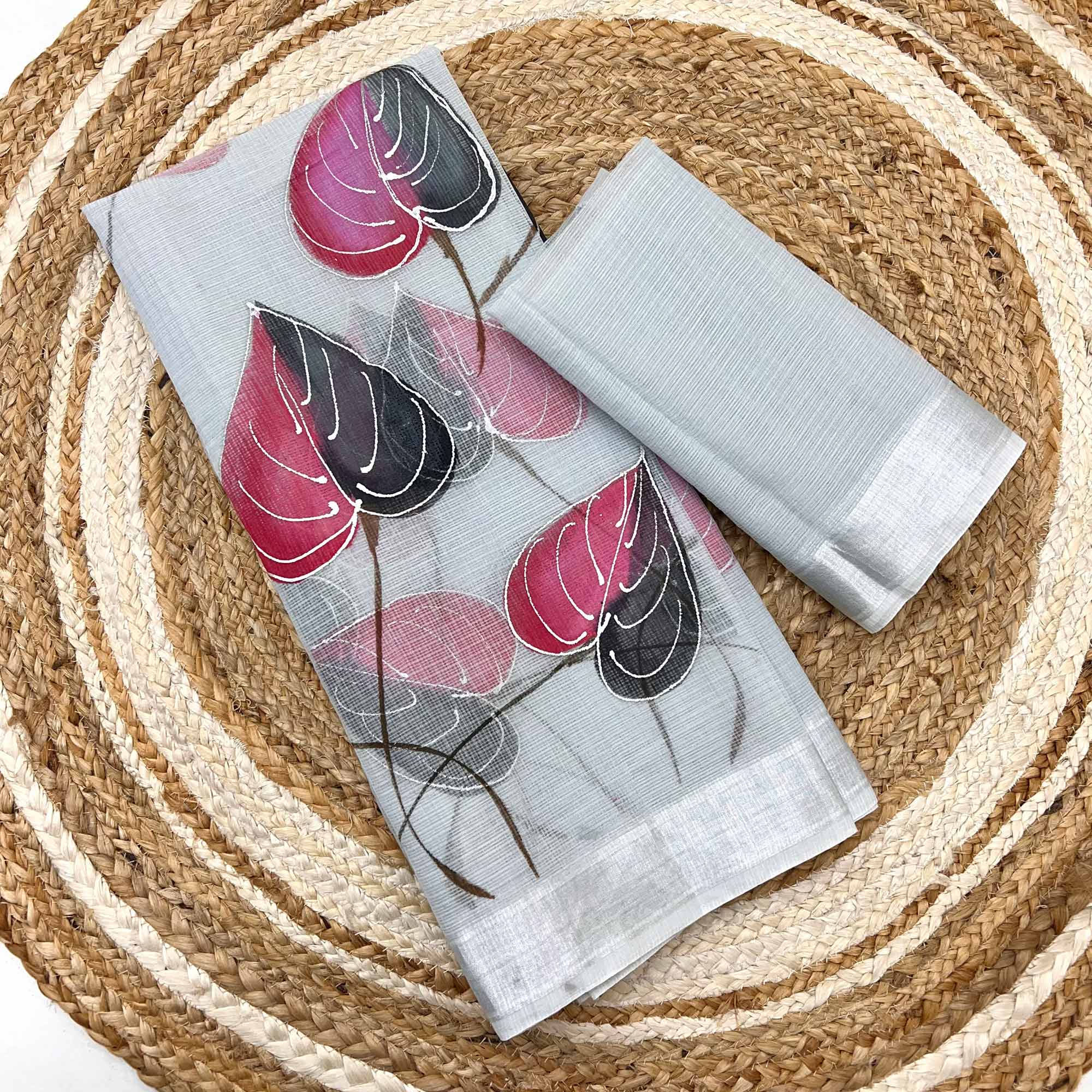 Grey Floral Brush-Work Kota Doria Saree with a Soft and Breezy Texture