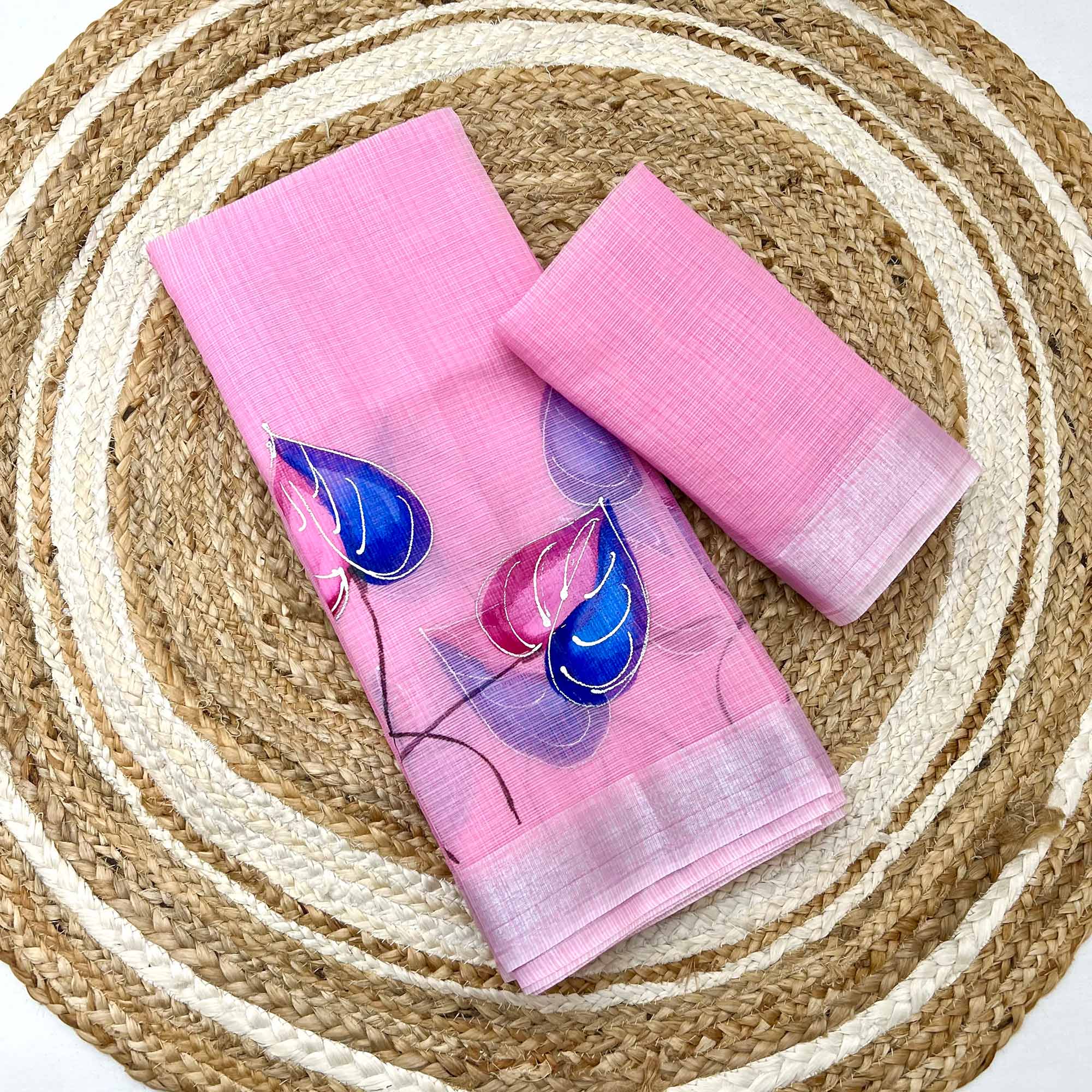 Pink Floral Brush-Work Kota Doria Saree with a Soft and Breezy Texture