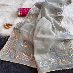 Grey Festive Kota Doria Saree Decorated with Classic Gota Work Embroidery