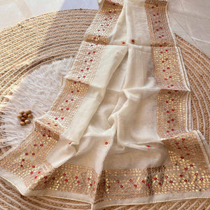 Cream Ethnic Kota Doria Saree Designed with Beautiful Traditional Gota Embroidery