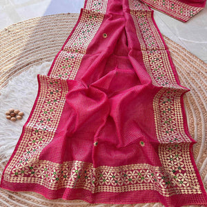 Pink Ethnic Kota Doria Saree Designed with Beautiful Traditional Gota Embroidery