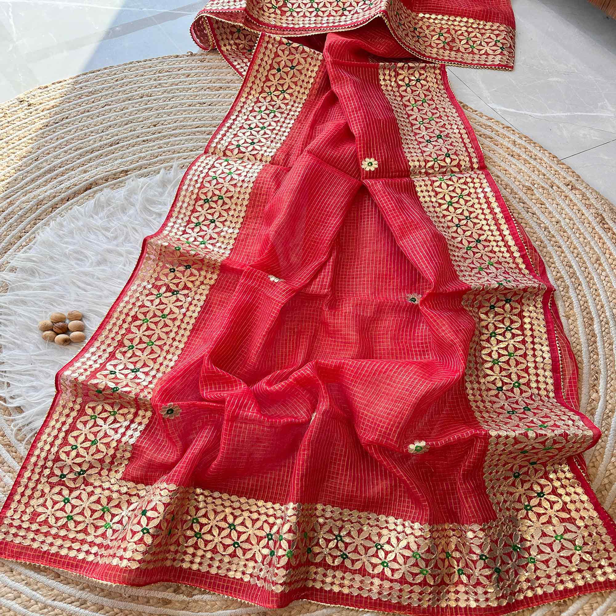 Red Ethnic Kota Doria Saree Designed with Beautiful Traditional Gota Embroidery