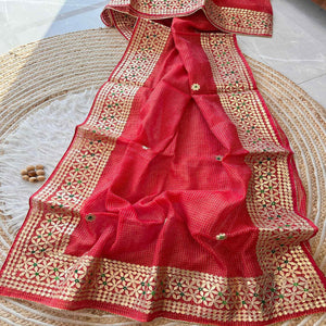 Red Ethnic Kota Doria Saree Designed with Beautiful Traditional Gota Embroidery