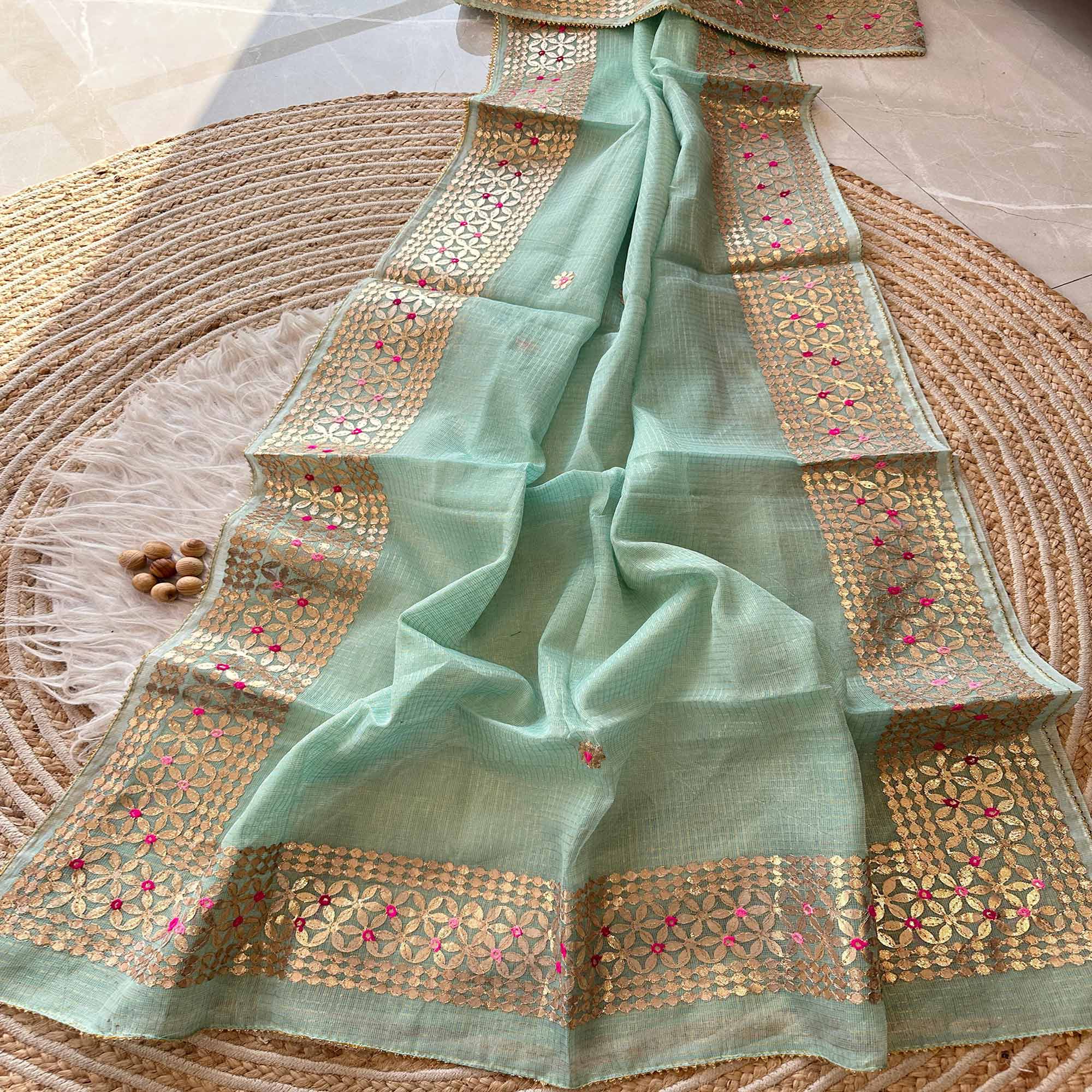 Sea Green Ethnic Kota Doria Saree Designed with Beautiful Traditional Gota Embroidery