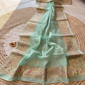 Sea Green Ethnic Kota Doria Saree Designed with Beautiful Traditional Gota Embroidery