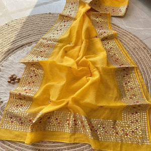 Yellow Ethnic Kota Doria Saree Designed with Beautiful Traditional Gota Embroidery