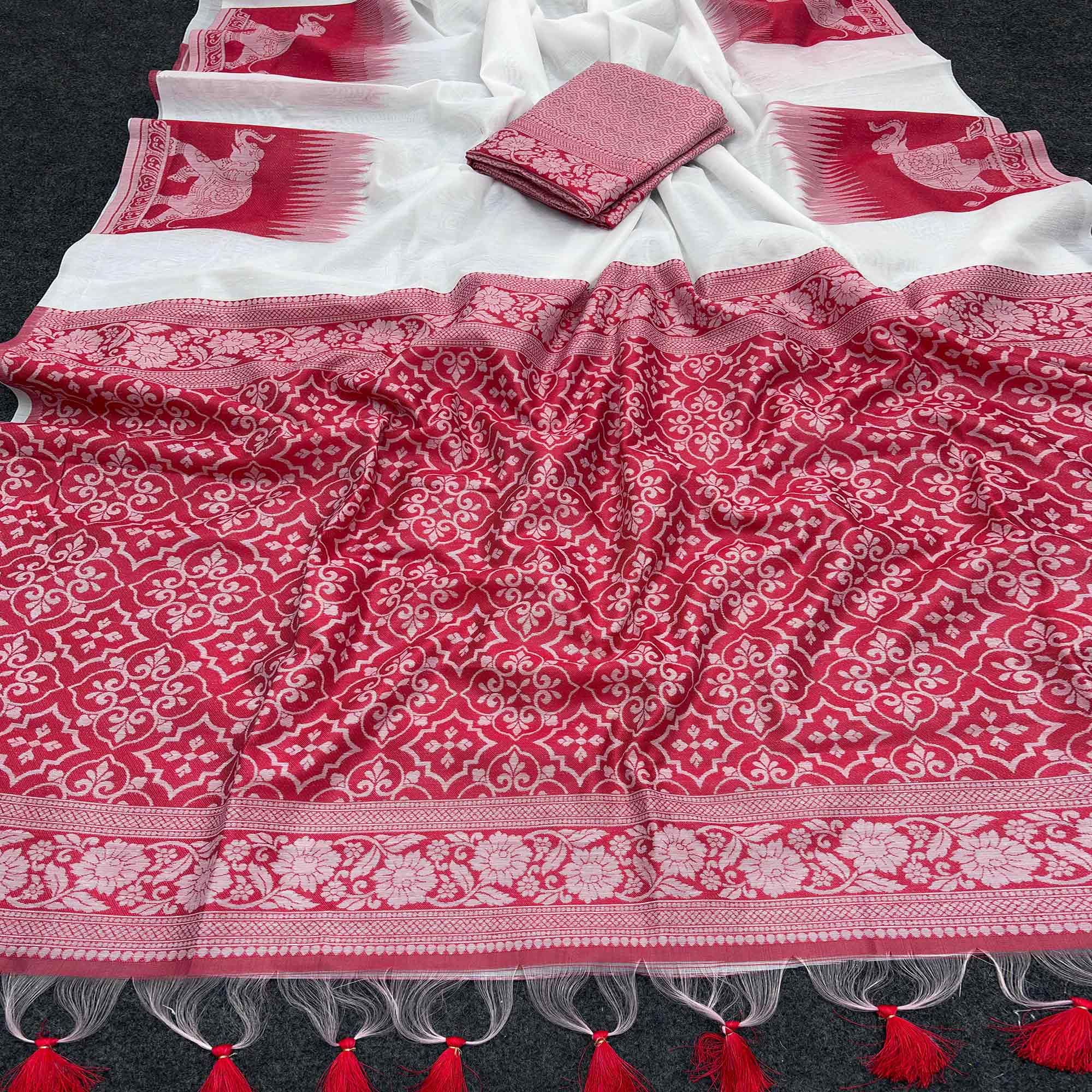 White and Red Traditional Weaving Muga Cotton Silk Saree Designed with Classic Craftsmanship