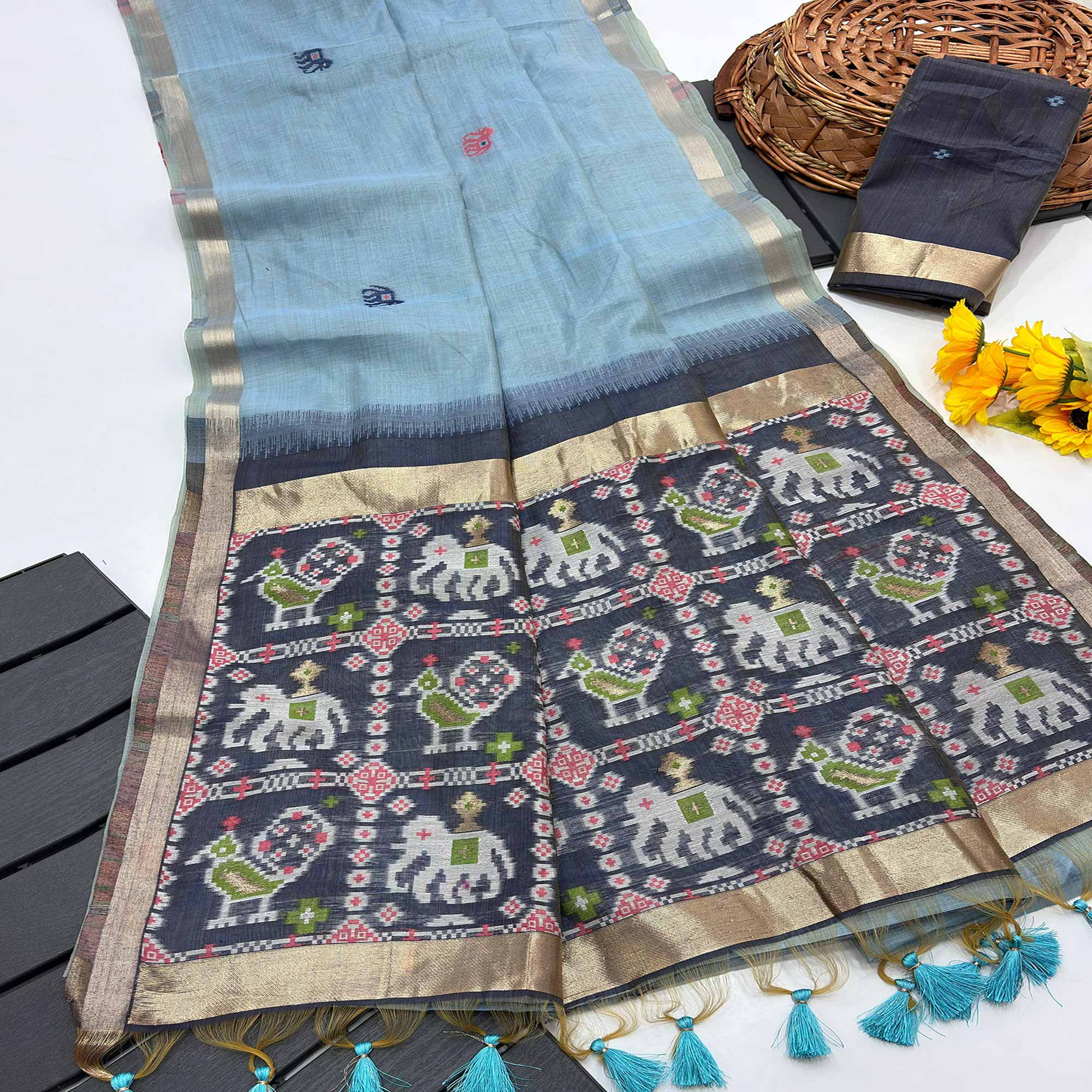 Blue Muga Cotton Silk Saree with Traditional Patola Woven Pallu Design