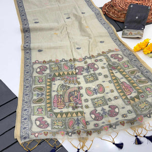 Beige Woven Muga Cotton Silk Saree In Kalamkari Motifs On Pallu