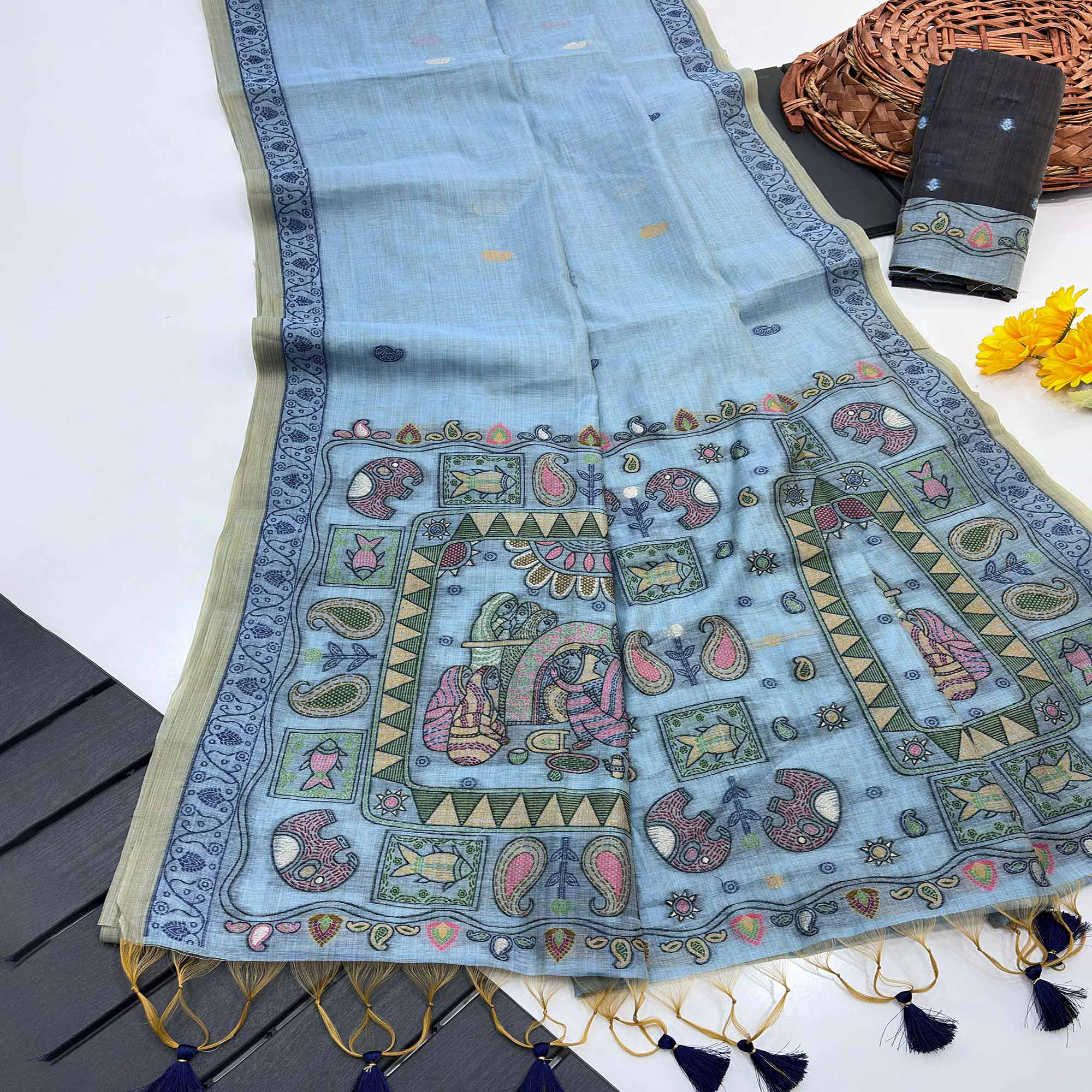 Blue Woven Muga Cotton Silk Saree In Kalamkari Motifs On Pallu