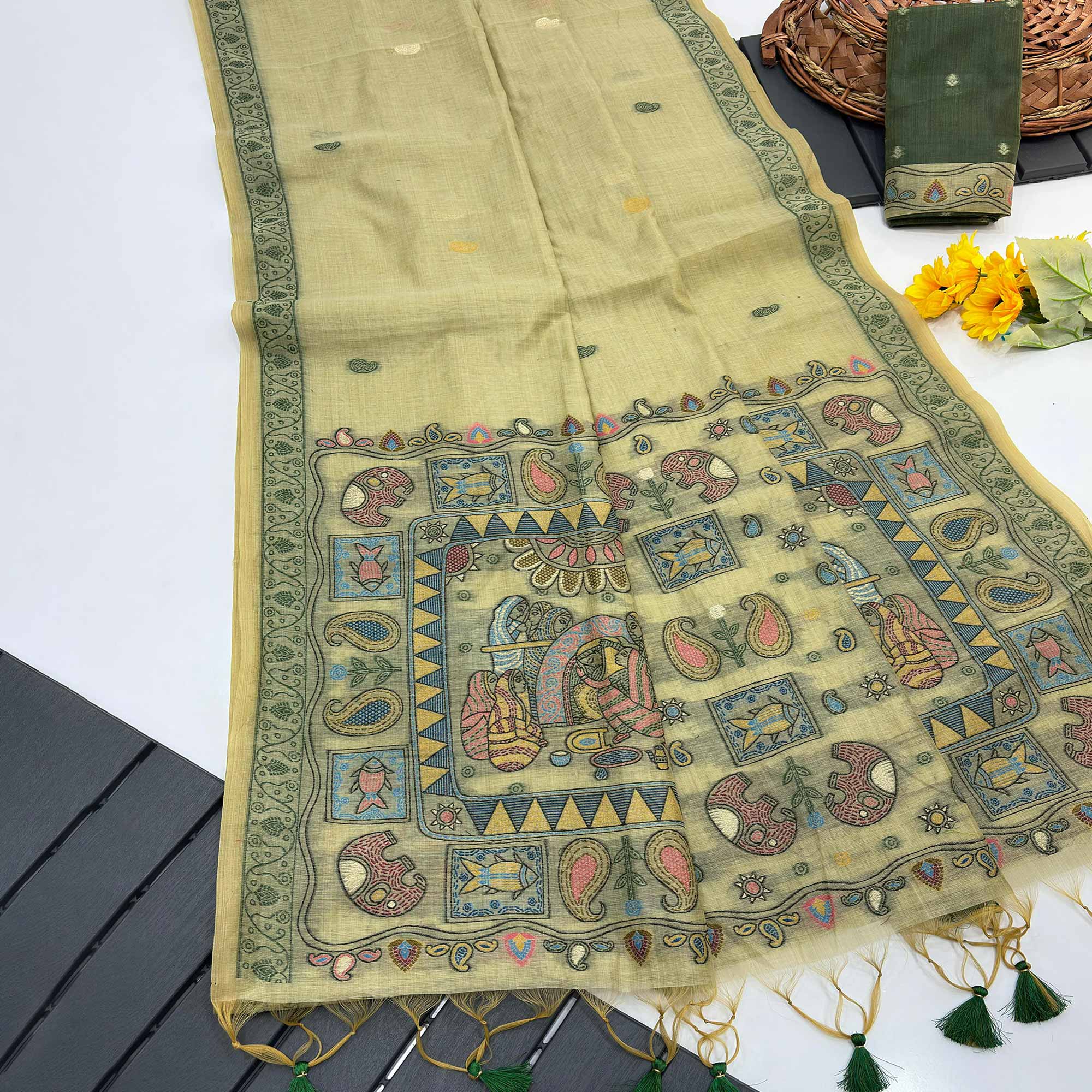 Green Woven Muga Cotton Silk Saree In Kalamkari Motifs On Pallu