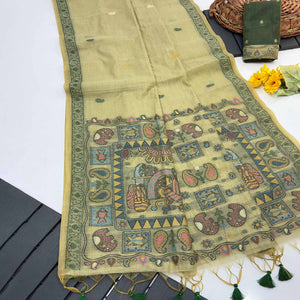 Green Woven Muga Cotton Silk Saree In Kalamkari Motifs On Pallu