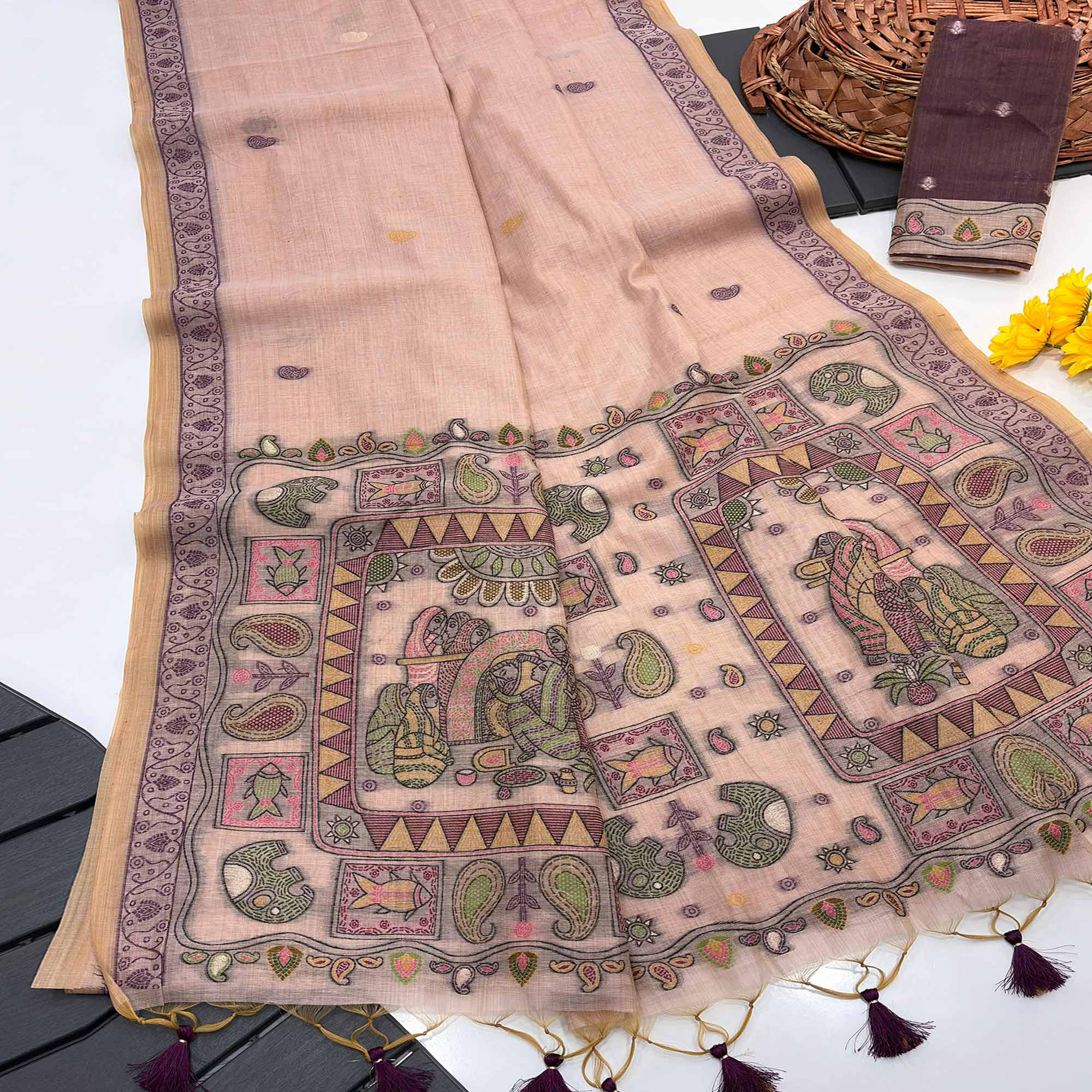 Peach Woven Muga Cotton Silk Saree In Kalamkari Motifs On Pallu