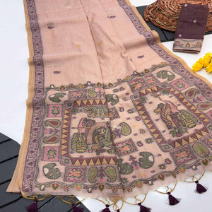 Peach Woven Muga Cotton Silk Saree In Kalamkari Motifs On Pallu