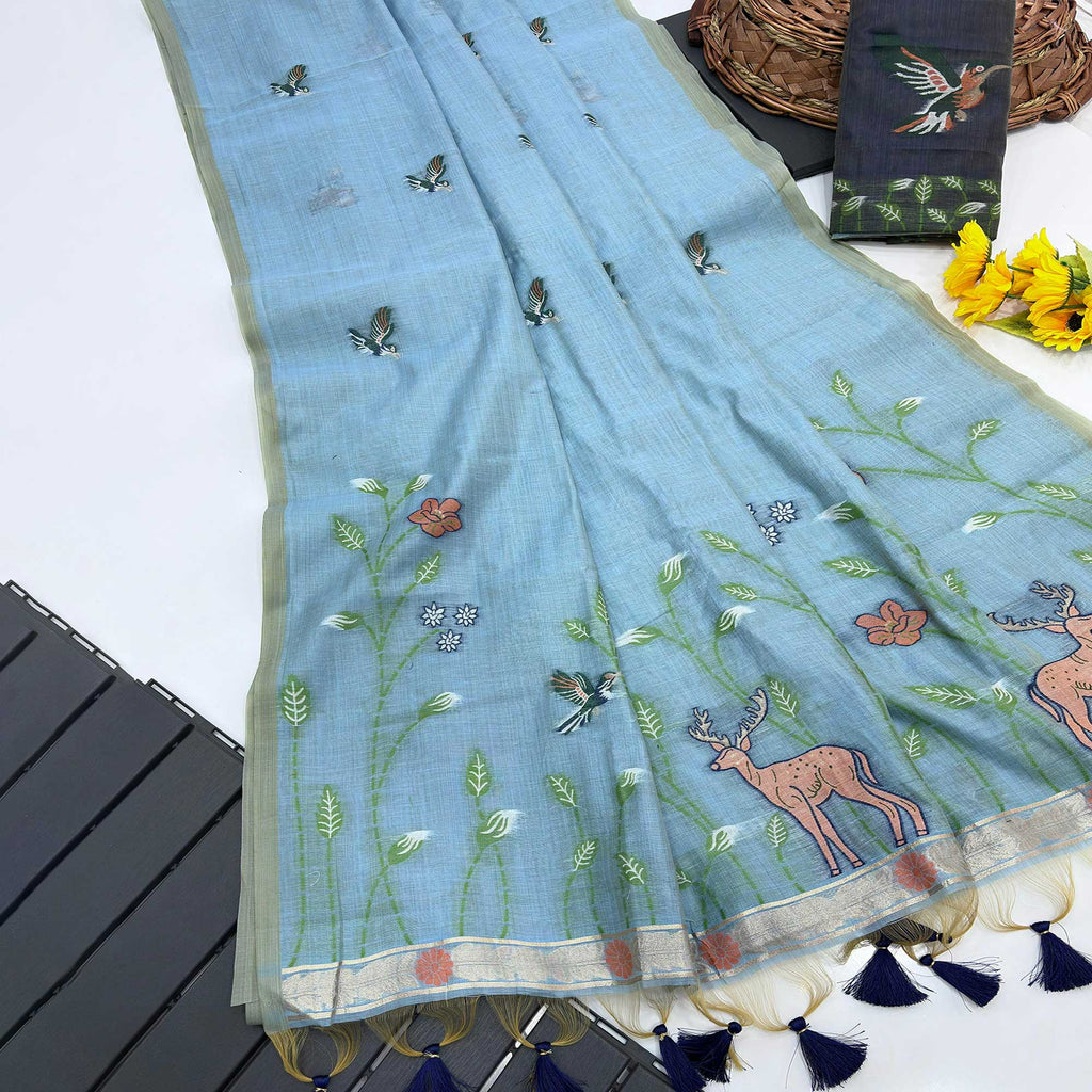 Beautiful Floral Weaving Designer Off White Muga Cotton Rich Looks Saree